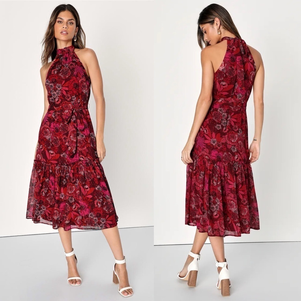 NWT Lulus Standout Aesthetic Red Floral Lurex Halter Tiered Midi Dress small